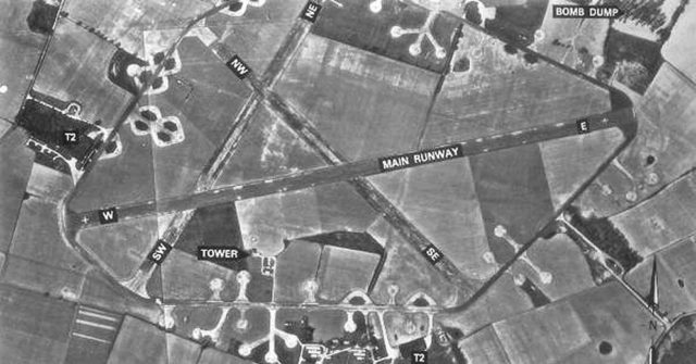Aerial photograph of Knettishall Airfield, England.
