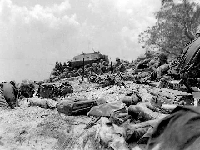 US Marines securing the beach head at Saipan, code named Red Beach 2