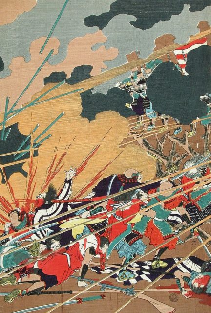 Blood flows and bullets fly in this 19th-century woodcut depicting the battle of Nagashino.