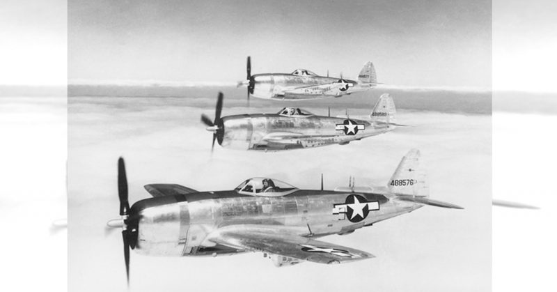 Three U.S. Army Air Forces Republic P-47N-5 Thunderbolts in formation.