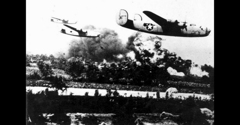 B-24 Liberators at low altitude while approaching the oil refineries at Ploesti, Romania, August 1, 1943. 