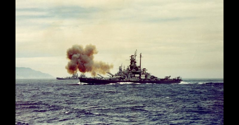 USS Indiana bombarding Kamaishi, Japan, 14 July 1945