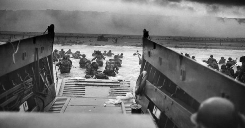 American troops storming ashore on D-Day.
