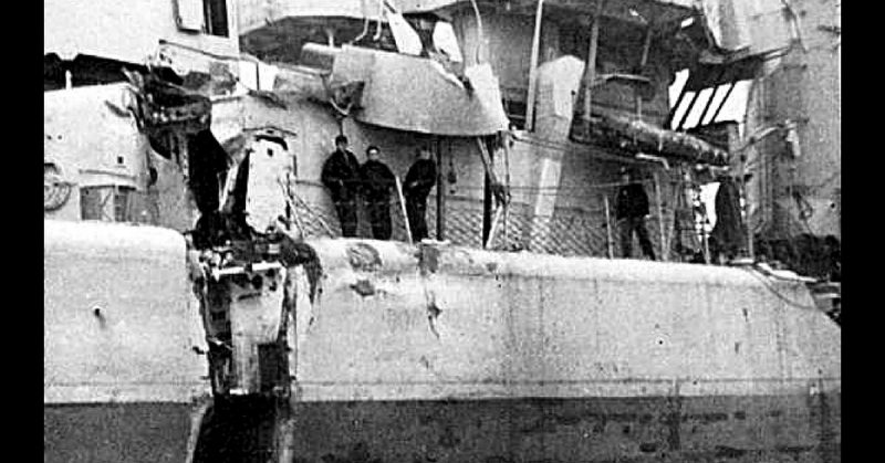 Battle damage to the United States Navy destroyer USS Endicott after the Battle of La Ciotat in 1944.