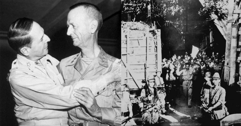 Left: MacArthur embracing Gen Wainwright Upon His Release as POW. Right: Surrender of American troops at Corregidor.