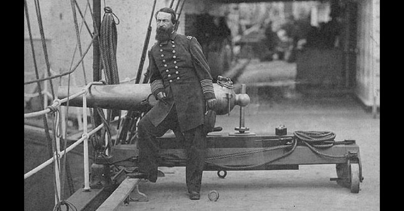 Rear Admiral David Porter, on board USS Malvern. He is standing next to a Dahlgren gun similar to that of the E.A. Stevens;
