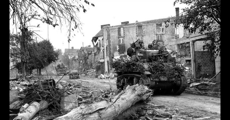 US M5A1 Stuart tank of the 4th Armored Division (VIII Corps) in Coutances.