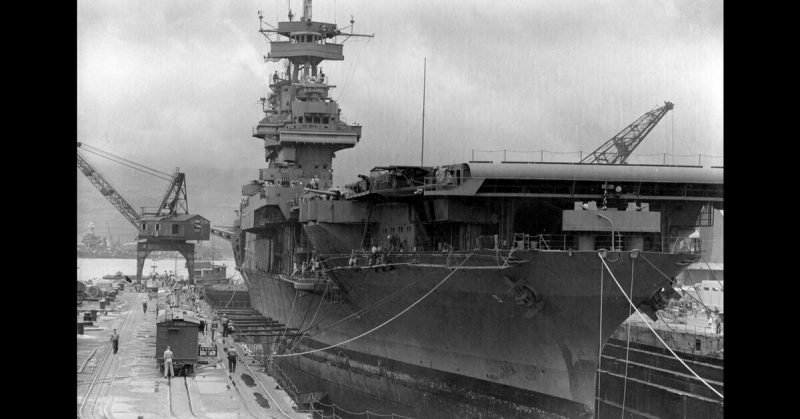 Yorktown in drydock at Pearl Harbor on 29 May 1942, shortly before departing for Midway.