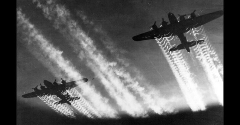Two U.S. B-17 Flying Fortresses in flight over Europe.