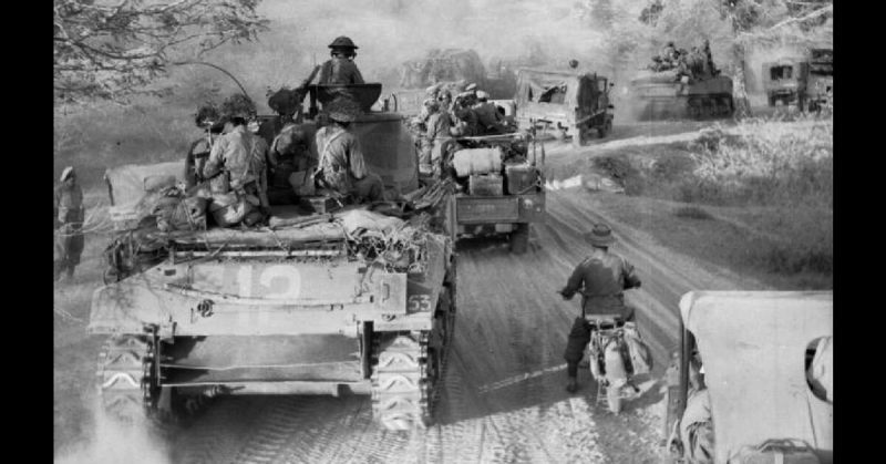 Sherman tanks and trucks of 63rd Motorised Brigade advancing on Meiktila, March 1945.
