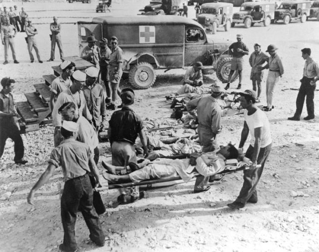 Loss of USS Indianapolis, July 1945. Indianapolis survivors en route to a hospital following their rescue, circa early August 1945. Official U.S. Navy Photograph, now in the collections of the National Archives.