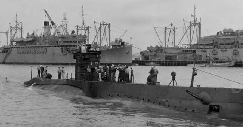 USS Harris (APA-2) moored in the background of this photo of USS S-38 (SS-143) following overhaul at San Diego, April 1943. US Navy photo # 1198-43 from the Puget Sound Naval Shipyard collection now held at Seattle NARA.
