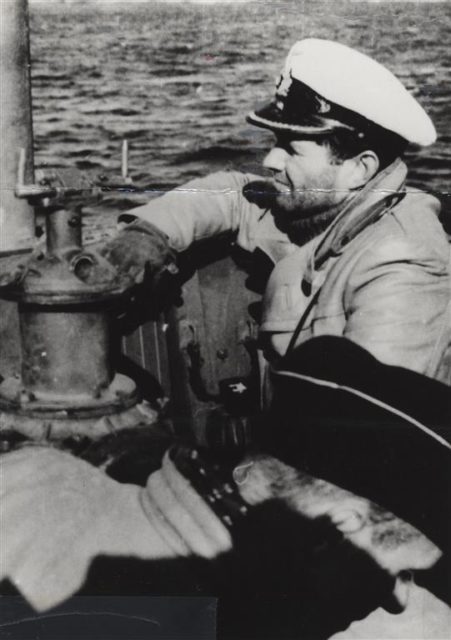 Kapitan-Leutnant zur See (KptLtzS.) Peter Schrewe on the tower of U-537 in Martin Bay, Newfoundland on October 23, 1943.