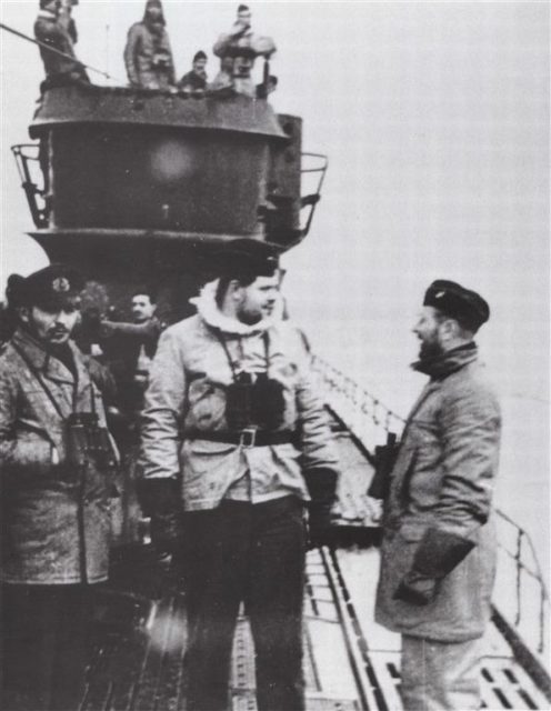 Crewman on the deck and tower of U-537 in Martin Bay on Newfoundland’s Labrador coast on October 23, 1943.