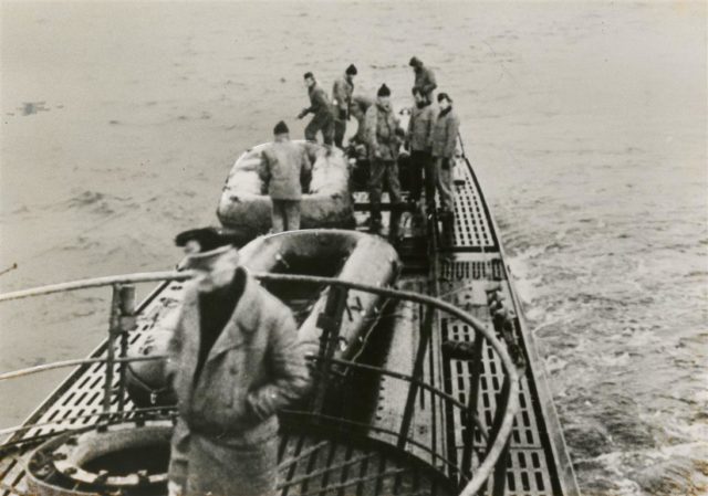 U-537 crewmen prepare the rubber rafts that they will use to land on the Hutton Peninsula twenty miles south of Cape Chidley on Newfoundland’s Labrador coast on October 23, 1943. Note the absence of the U-boat’s Flakvierling 38 flexible quadruple 2cm anti-aircraft gun mount.