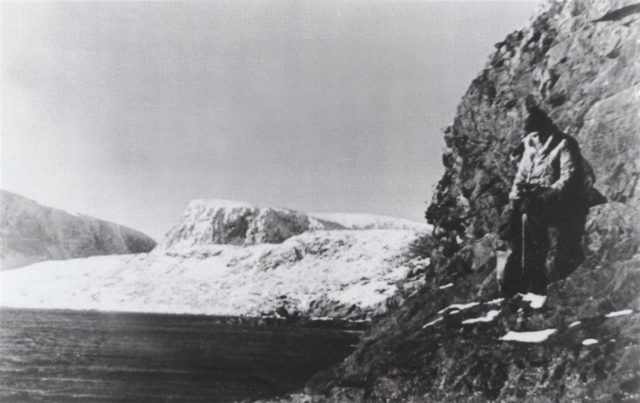 A U-boat crewman from U-537 functions as a lookout during the installation of the weather station on the Hutton Peninsula twenty miles south of Cape Chidley on Newfoundland’s Labrador coast on October 23, 1943.