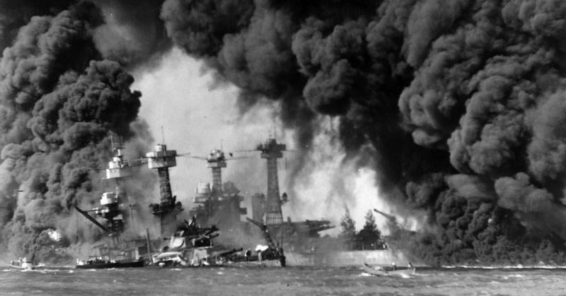 Burning ships at Pearl Harbor.