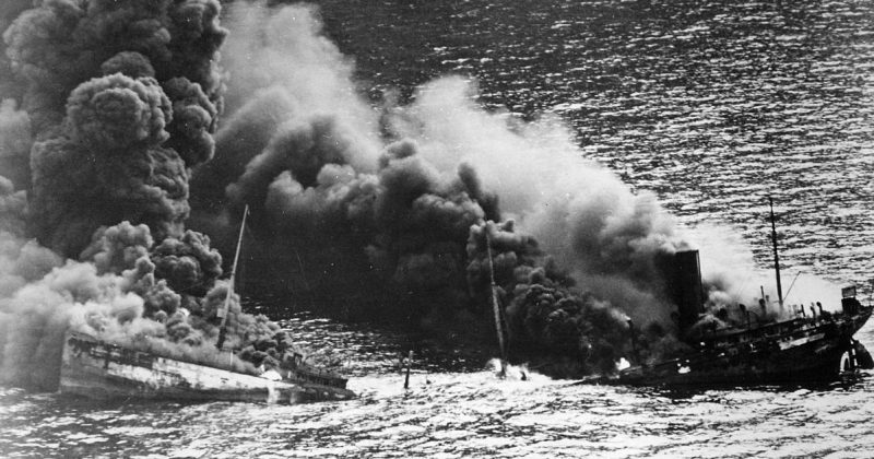 Allied tanker torpedoed in Atlantic Ocean by German submarine. March, 1942.