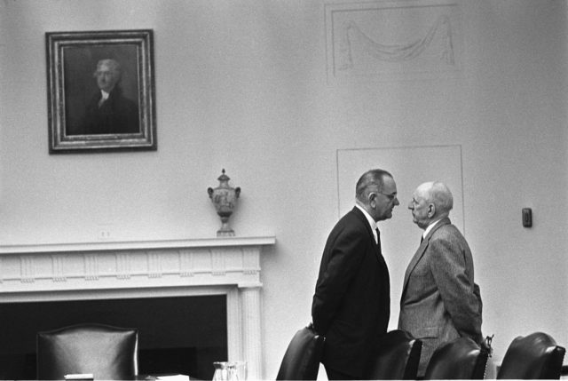 President Johnson endeavors to give “The Treatment” to Senator Richard Russell in 1963.
