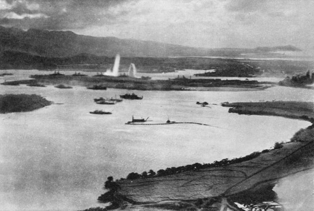 Aerial view from Japanese plane taken during the early moments of the Pearl Harbor attack.