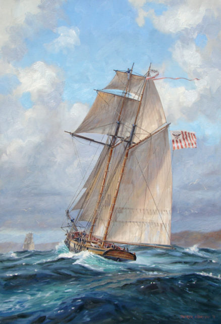 USRC Eagle under full sail, in a painting by Patrick O’Brien. She was a topsail schooner, standard in revenue cutters of her period;