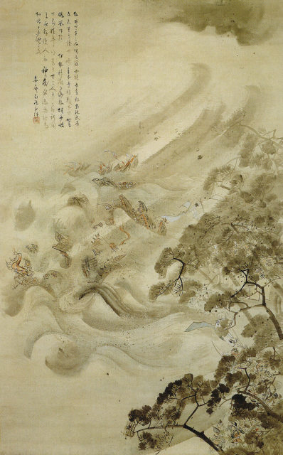 The Mongol fleet destroyed in a typhoon, ink and water on paper, by Kikuchi Yōsai, 1847.