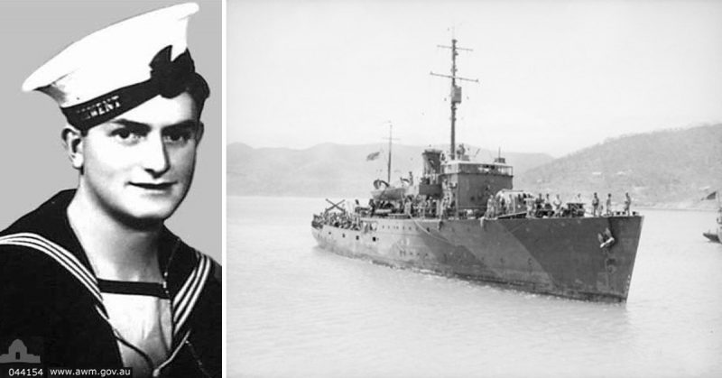 Portrait of Teddy Sheean (left) and HMAS Armidale (right).