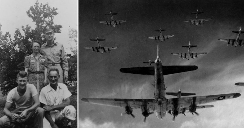 Left: John D. Mumford Right: a B-17 Flying Fortresses during a bombing run over Germany.
