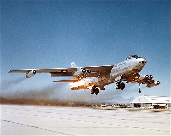 Photo above depicts Boeings first all-jet powered Bomber, the B-47 Stratojet. This remarkable aircraft (with some remote German design features) entered service in 1951 and would soon make the core of the Nuclear Bomber Force of the USAF throughout the 1950’s. As a reconnaissance aircraft, it flew until 1969! The bomber also had 18 rockets in the tail for Jato starts (Jet assisted take-offs) when fully laden with bombs and fuel.