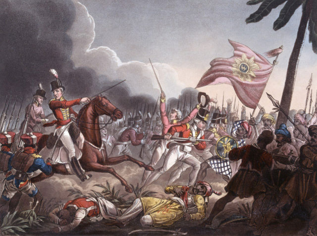 Arthur Wellesley (mounted) at the Battle of Assaye. Wellesley later remarked that it was his greatest victory.