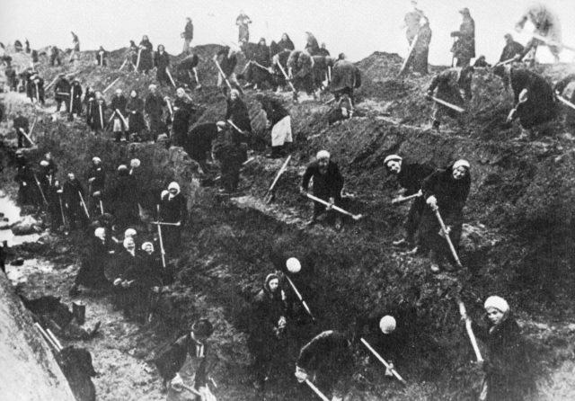 With their men on the frontlines, Moscow’s women dug anti-tank trenches around their city in 1941;