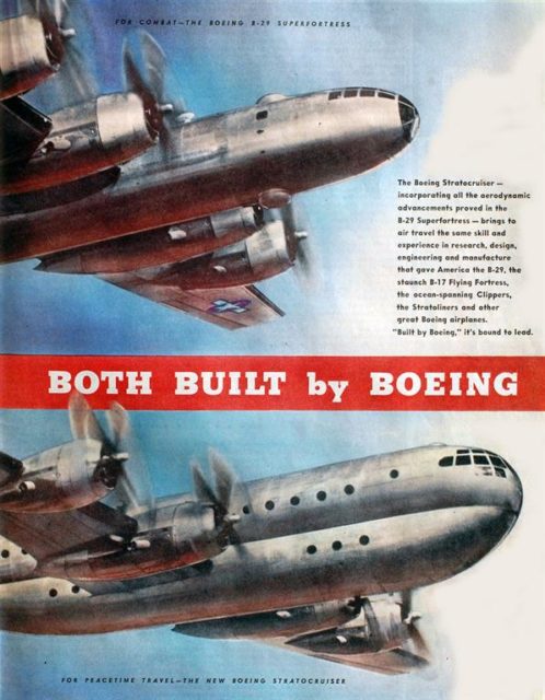 Photo above depicts a post-war ad by Boeing for its Stratocruiser B-377. The aircraft had the wing design from the iconic B-29, but a double bubble fuselage and the Pratt & Whitney Wasp Major R-4360 engines for carrying bigger loads, more passengers and more fuel over longer distances, up to 4,200 miles. But the aircraft was not successful in the civil market: too complex, too expensive, and engines too capricious, so in the end, only 55 were produced. Its competitors Douglas DC-6/DC-7 and Lockheed (Super) Constellation were built in much larger quantities and ruled the skies between 1946-1960. By the end of the 1950s, Jet Age arrived in full swing with the Boeing B-707 and the Douglas DC-8. End of the story for the big piston props.