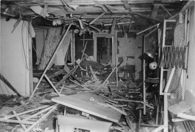 The destroyed map room at the Wolf’s Lair after the 20 July plot. By Bundesarchiv – CC BY-SA 3.0 de