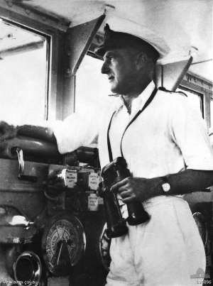 Captain Joseph Burnett on the bridge of HMAS Sydney;