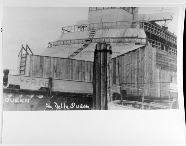 Boarded up for her passage to the US Gulf coast from California, after World War II. From collection of Naval History and Heritage Command.