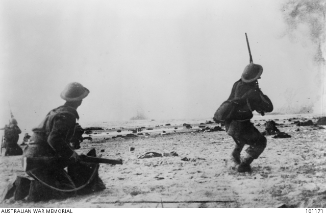 Soldiers from the British Expeditionary Force fire at German aircraft during the Dunkirk evacuation.