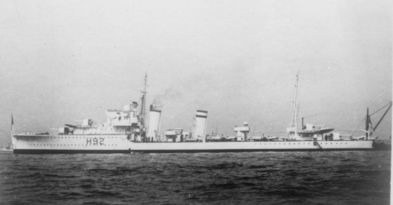 British destroyer HMS Glowworm at anchor.