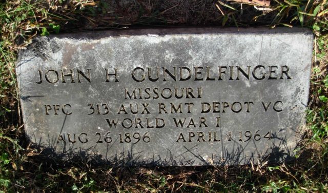 Darkened by the passage of decades, the grave marker of John H. Gundelfinger is all that remains of the legacy of one of Jefferson City’s (Mo.) World War I veterans. Research indicates the veteran served with the Veterinary Corps during the war and later became involved in the local real estate industry. Courtesy of Nancy Thompson.