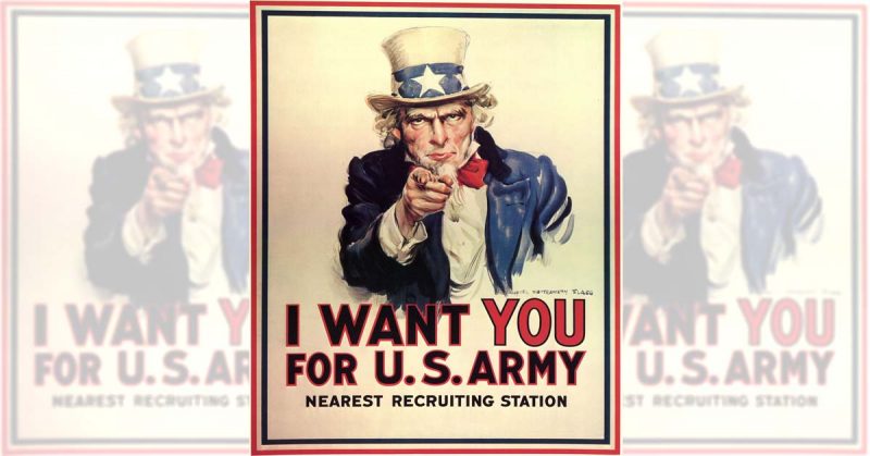 United States government effort to recruit soldiers during World War I, with the famous legend "I want you for the U.S. Army".
