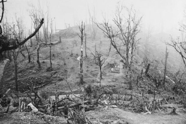 Burma campaign: View of the Garrison Hill battlefield with the British and Japanese positions shown.