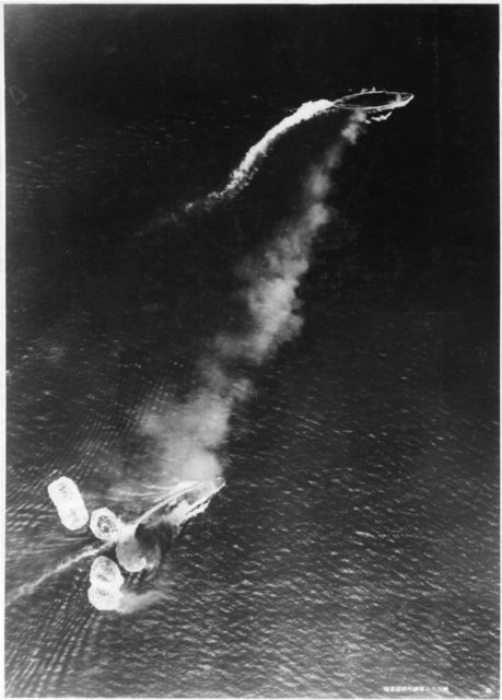 The high-level bombing on HMS Repulse (lower left);