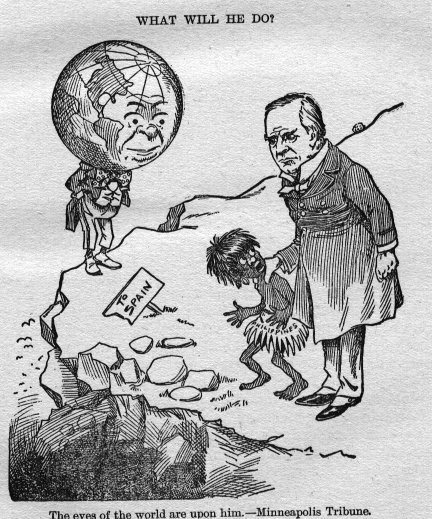 An 1898 political cartoon showing US President William McKinley wondering whether to keep the savage child (the Philippines) or return him to Spain (the precipice).