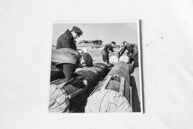 Sea mines being loaded in Stirlings at RAF Lakenheath.