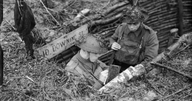 Royal Warwickshire soldiers in a trench in France in 1940.