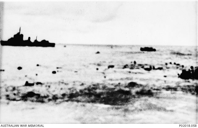 Survivors from both ships desperately swim towards their rescuers;