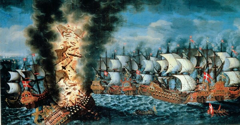 A painting by a Danish artist from 1686, showing how Kronan explodes while foundering.