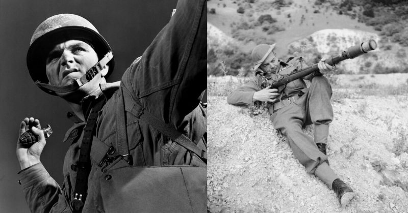 Left: An American soldier prepared to throw a grenade. Right: A member of the British home guard uses a grenade launcher equipped with an anti-tank grenade. 