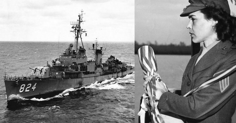 Left: USS Basilone. Right: Sergeant Lena Basilone, widow of Medal of Honor recipient John Basilone, getting ready to christen the USS Basilone. December 21, 1945. 
