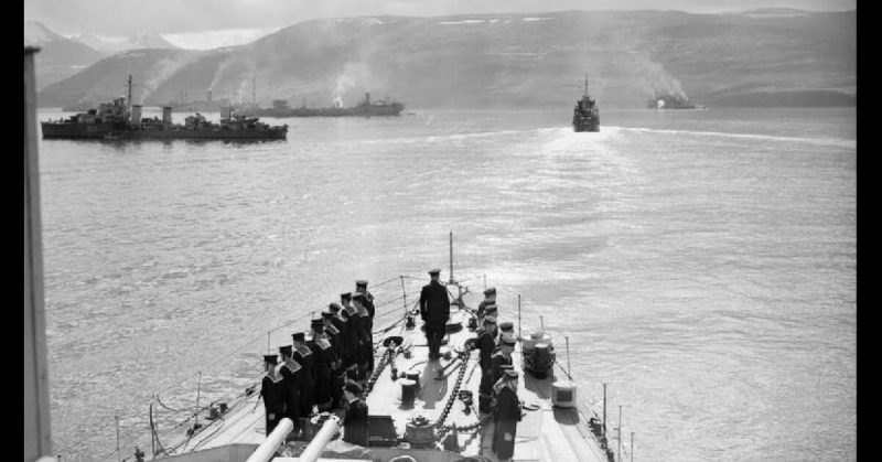 Escorts and merchant ships at Hvalfjord May 1942 before the sailing of Convoy PQ 17.