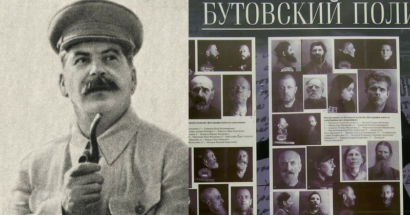 Left: Joseph Stalin; Right; Memorial  plaque with photos of victims of the Great Purge who were shot in the Butovo firing range near Moscow.